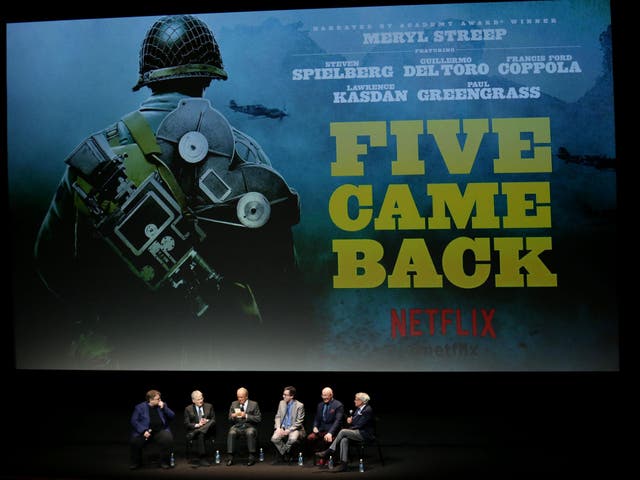 Guillermo Del Toro, Lawrence Kasdan, George Stevens Jr, Mark Harris, producer John Battsek and host Tom Brokaw speak at the world premiere of the Netflix Original documentary series 'Five Came Back'  in New York, 27 March 2017