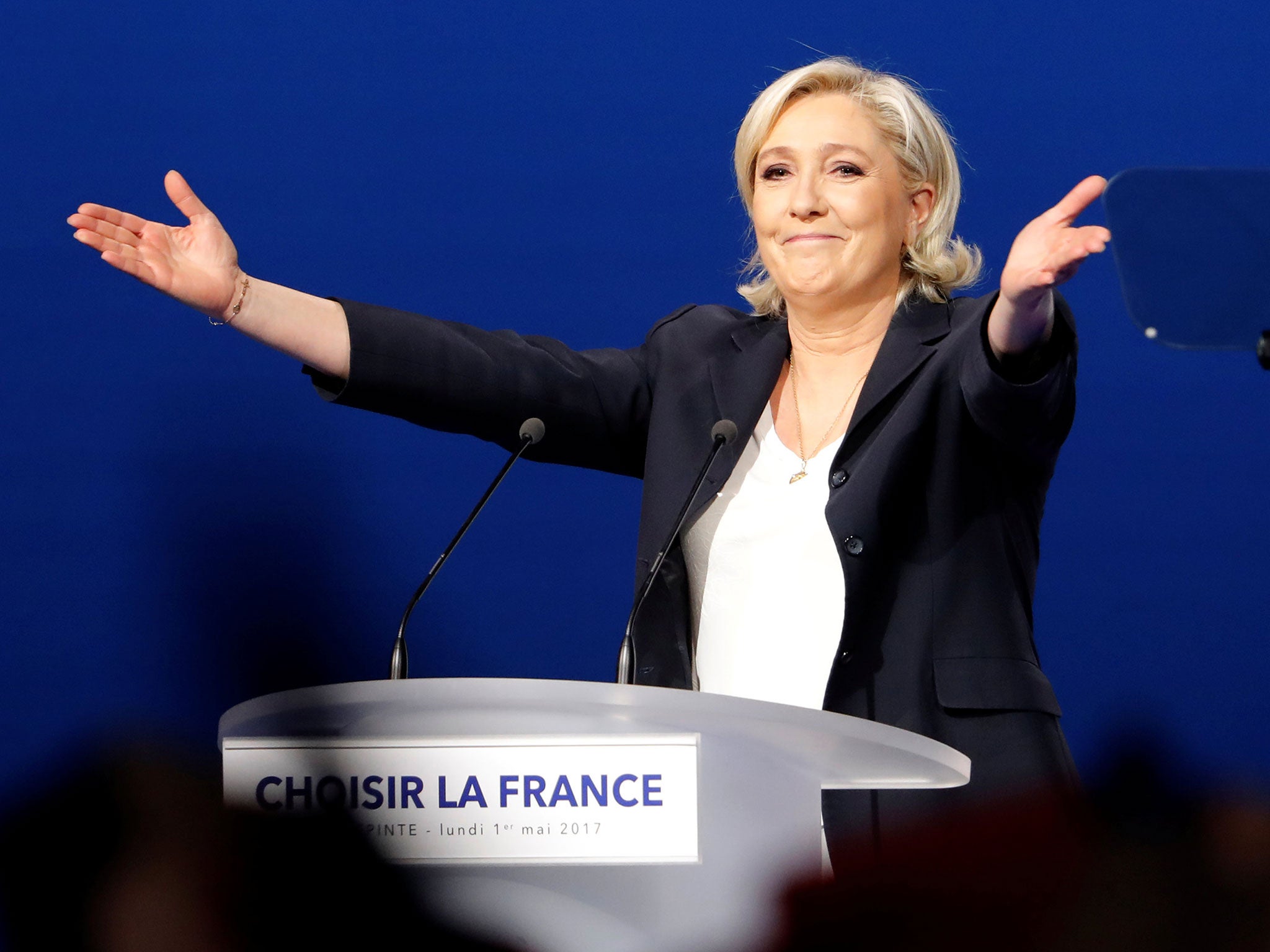 Marine Le Pen speaks at a a campaign rally in Villepinte, near Paris, on 1 May