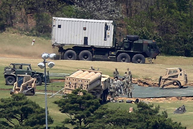 US Army soldiers installing the THAAD system at a golf course in Seongju in April