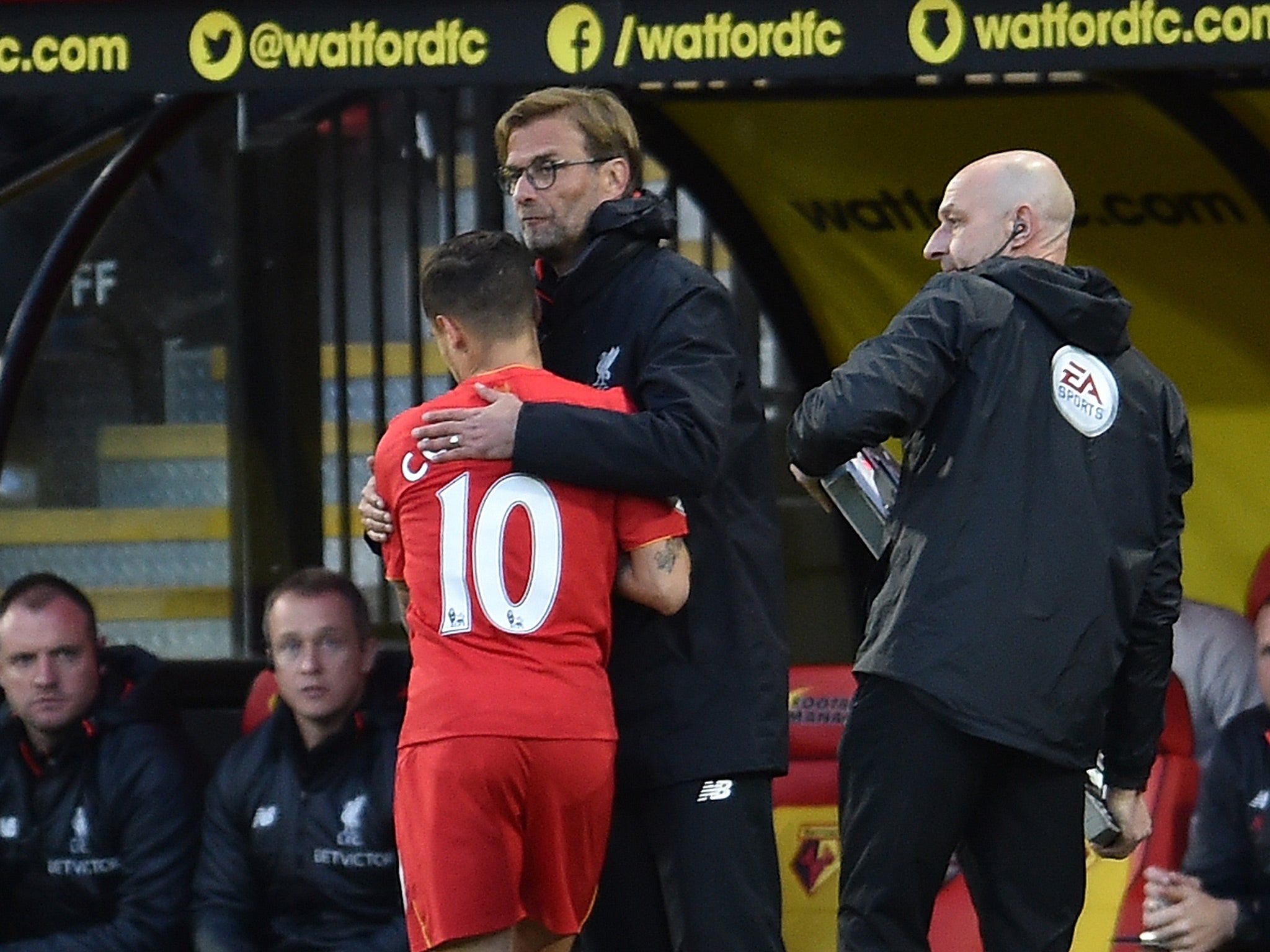 &#13;
Coutinho makes his way off the pitch on Monday night &#13;