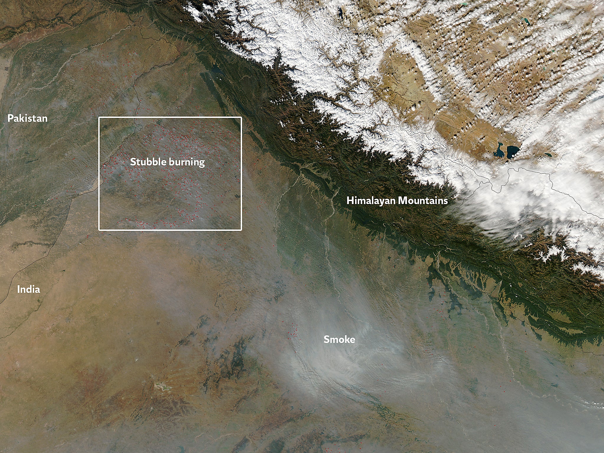 November 2013: fires in Punjab (top left) send huge smoke plumes toward Delhi (bottom right) (Nasa)