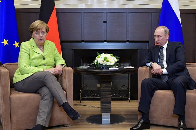 Russian President Vladimir Putin meets with German Chancellor Angela Merkel at the Bocharov Ruchei state residence in Sochi, Russia