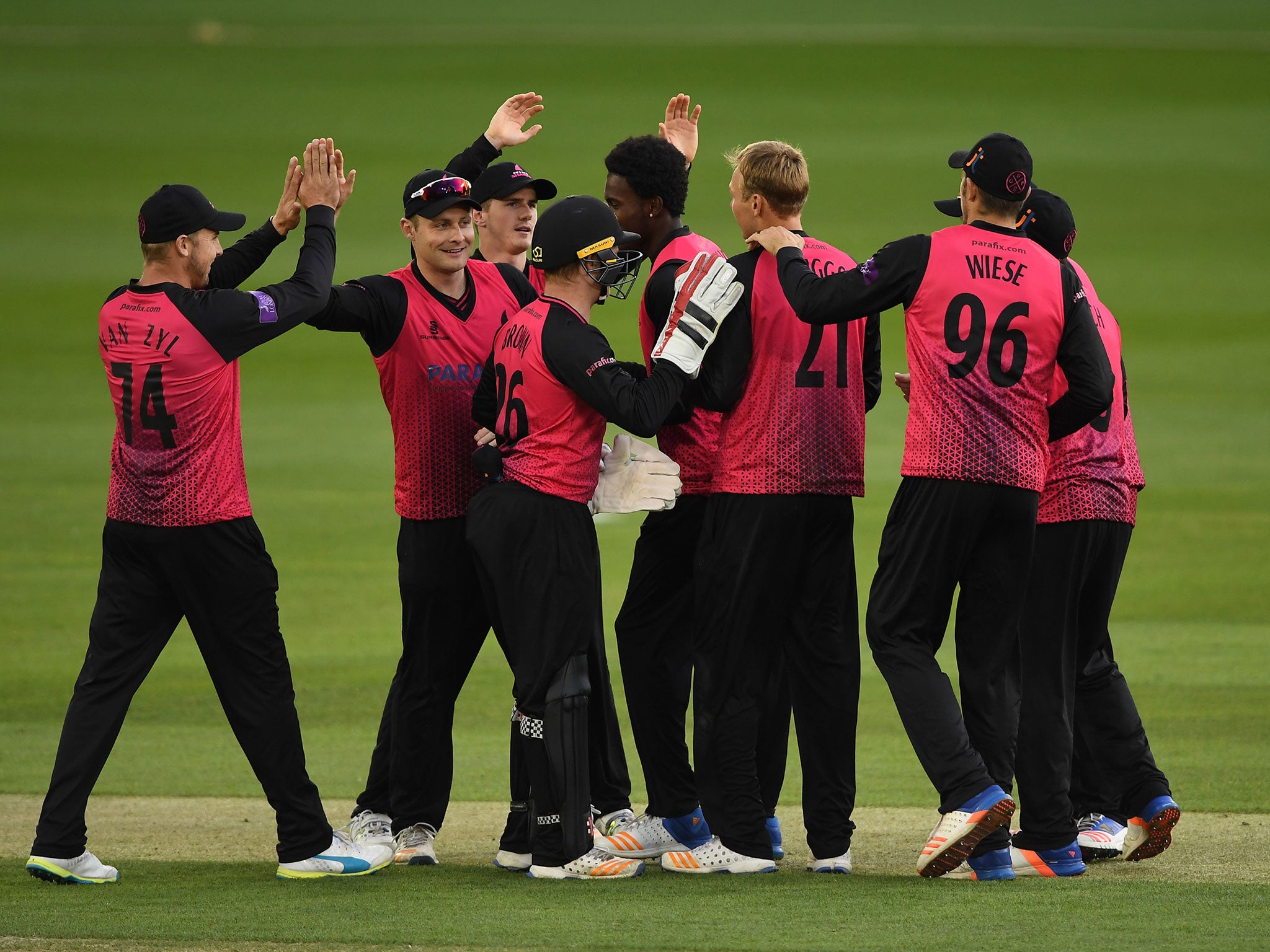 Luke Wright is congratulated after taking the catch to dismiss Jacques Rudolph