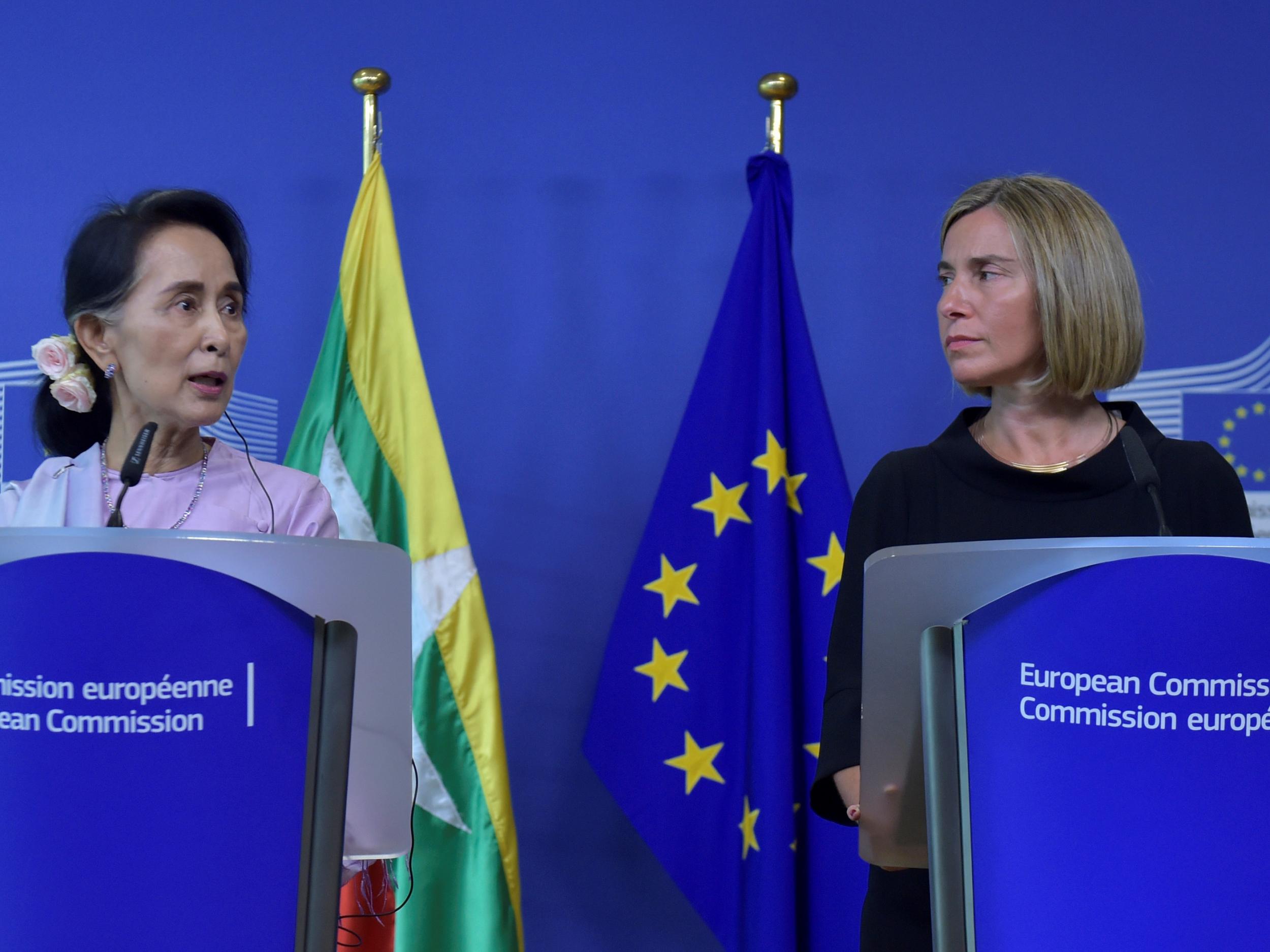 European Union foreign policy chief Federica Mogherini gives a news conference with Burma's State Counsellor Aung San Suu Kyi in Brussels, Belgium, 2 May 2017