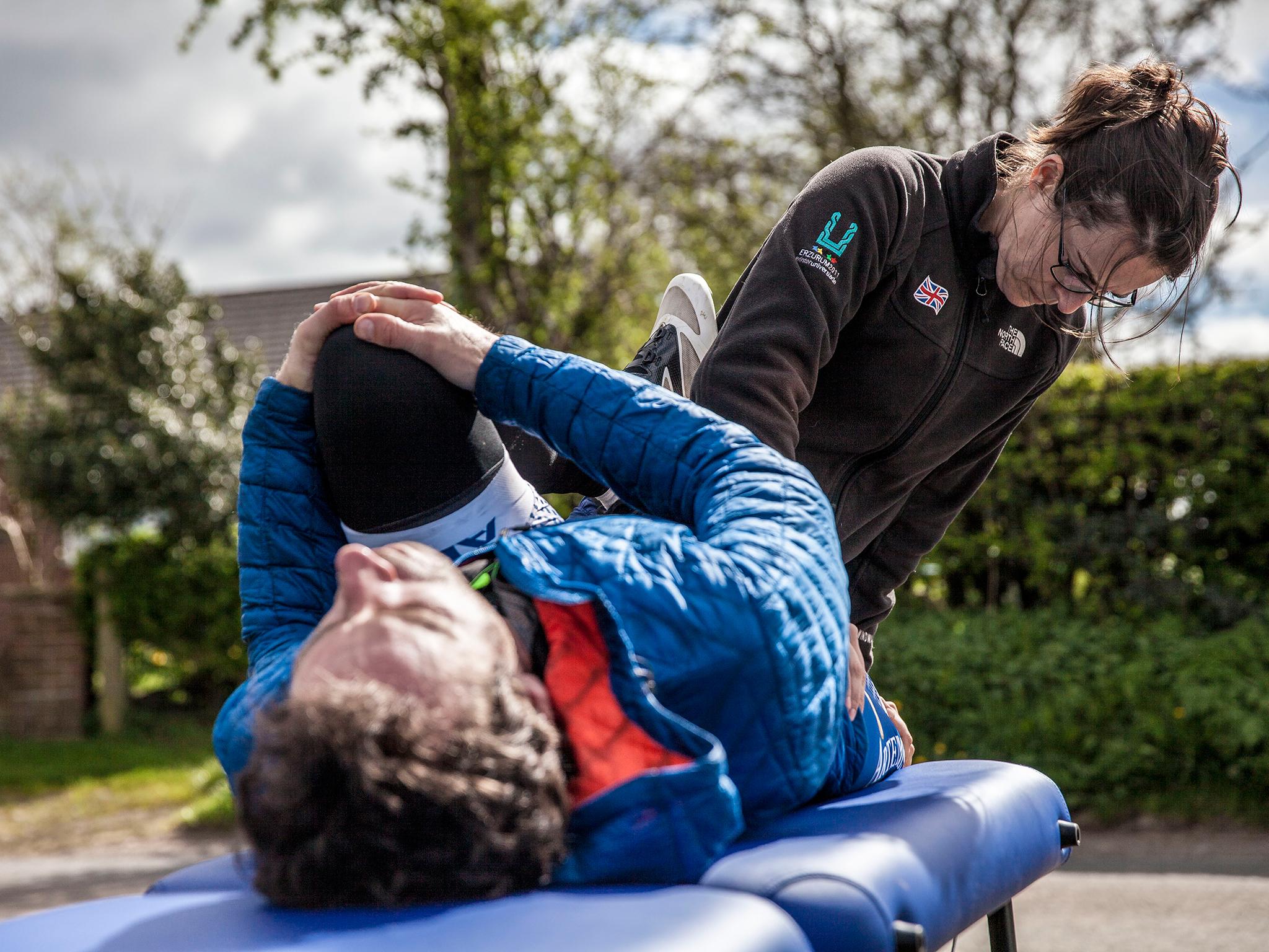 The cyclist being treated for an injury during his UK-leg of his round-the-world attempt (mark Beaumont)