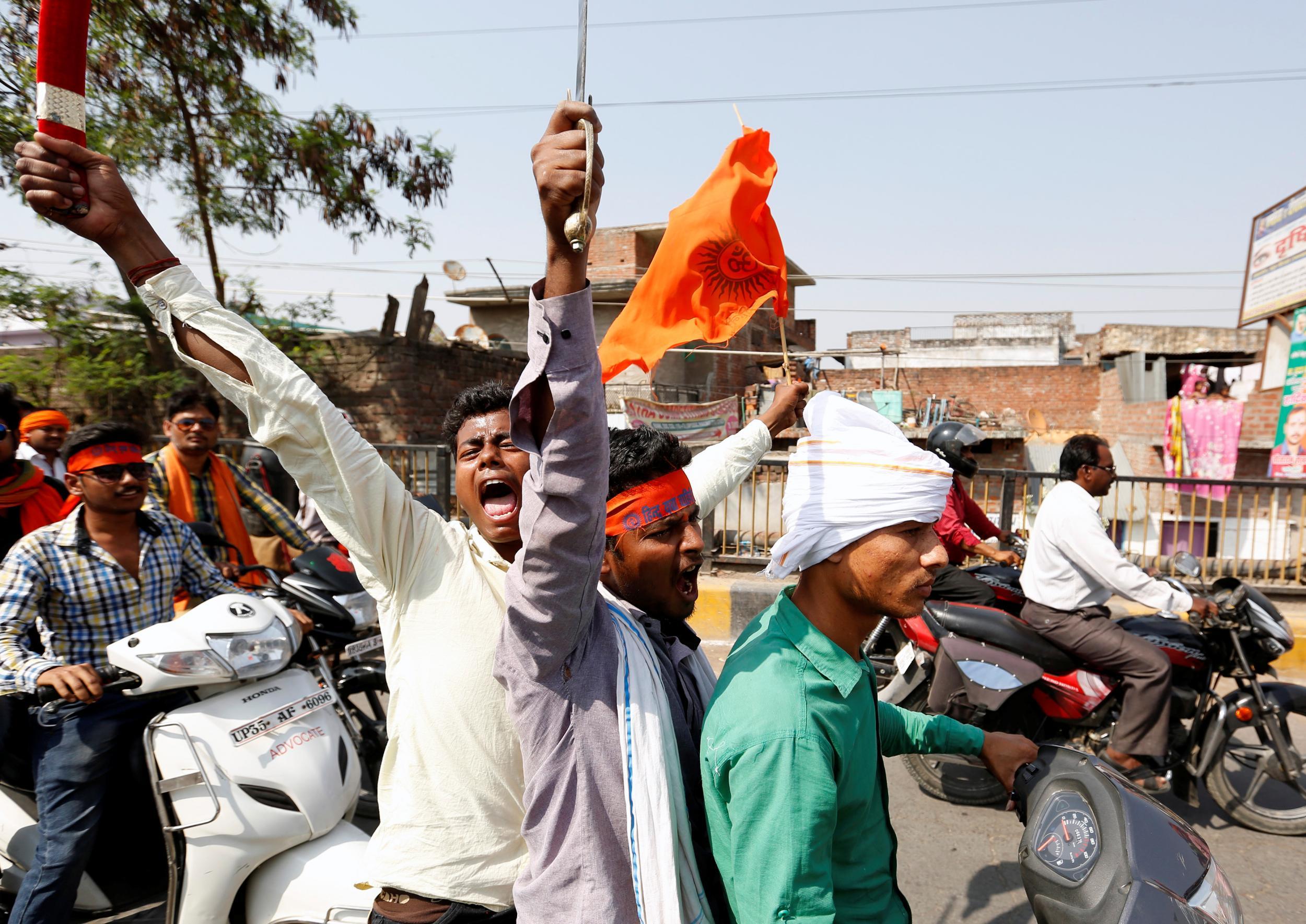 Members of the 'Hindu Yuva Vahin', or Hindu Youth Force, take part in a rally in the city of Unnao