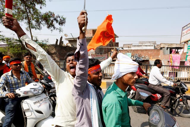 Members of the 'Hindu Yuva Vahin', or Hindu Youth Force, take part in a rally in the city of Unnao