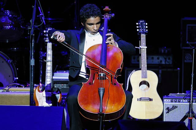 Cellist Adam Mandela Walden performs onstage at the 2nd Light Up The Blues Concert - An Evening Of Music To Benefit Autism Speaks at The Theatre At Ace Hotel in Los Angeles, California