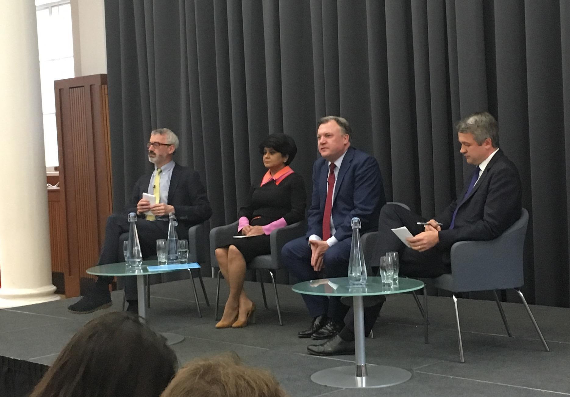 Lord Macpherson, Baroness Vadera, Ed Balls and Rupert Harrison at King’s College London yesterday