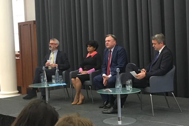 Lord Macpherson, Baroness Vadera, Ed Balls and Rupert Harrison at King’s College London yesterday