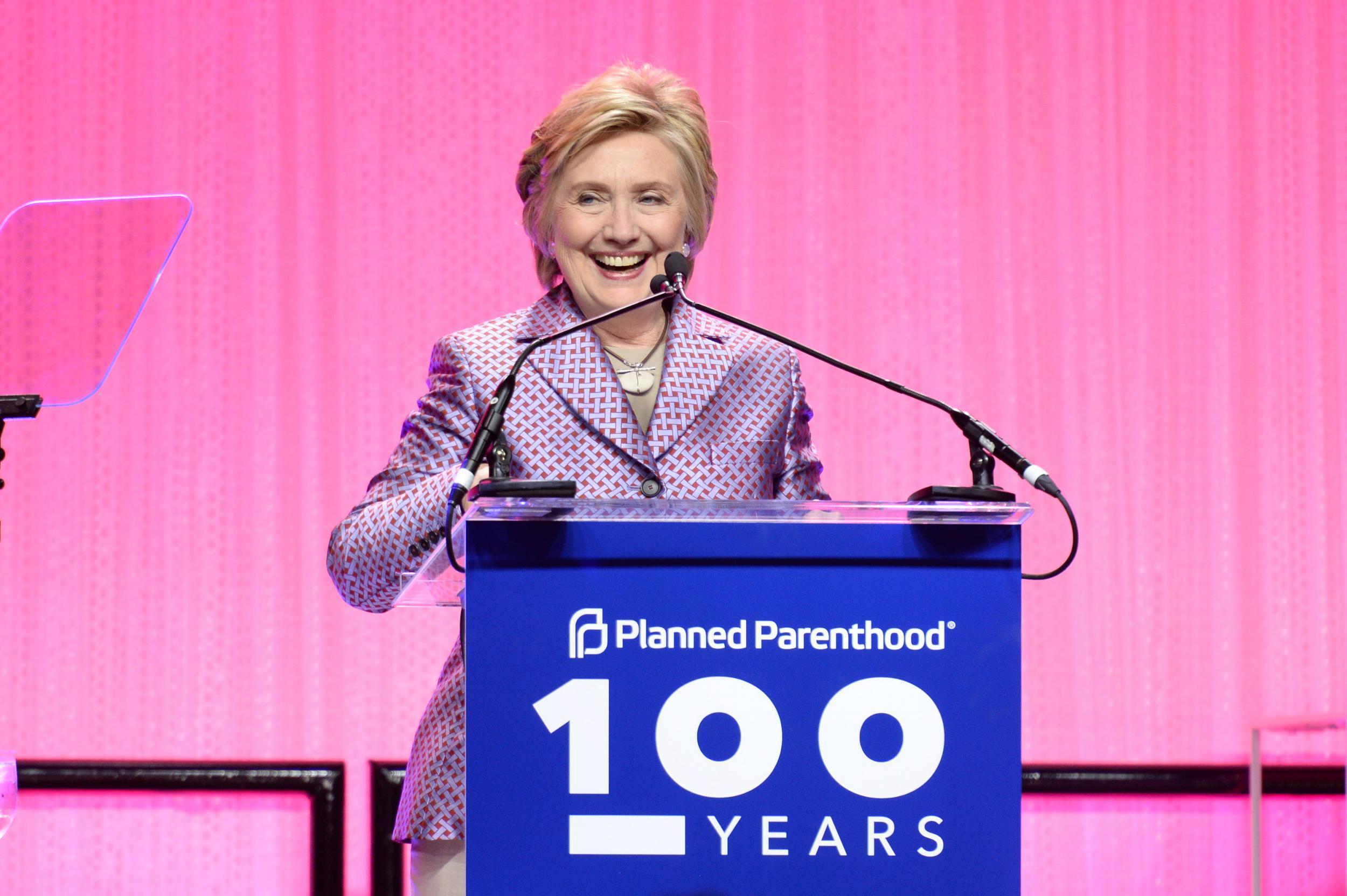 Hillary Clinton speaks onstage at the Planned Parenthood 100th Anniversary Gala in New York