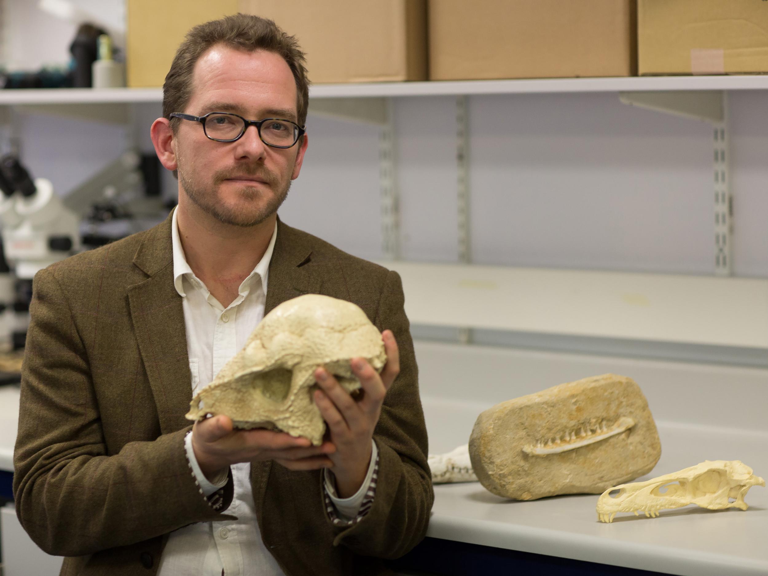 Dr Nick Longrich of the University of Bath with the jaw bone of a Chenanisaurus barbaricus, one of the last dinosaurs living in Africa before their extinction 66 million years ago, which has been discovered in a phosphate mine in northern Morocco
