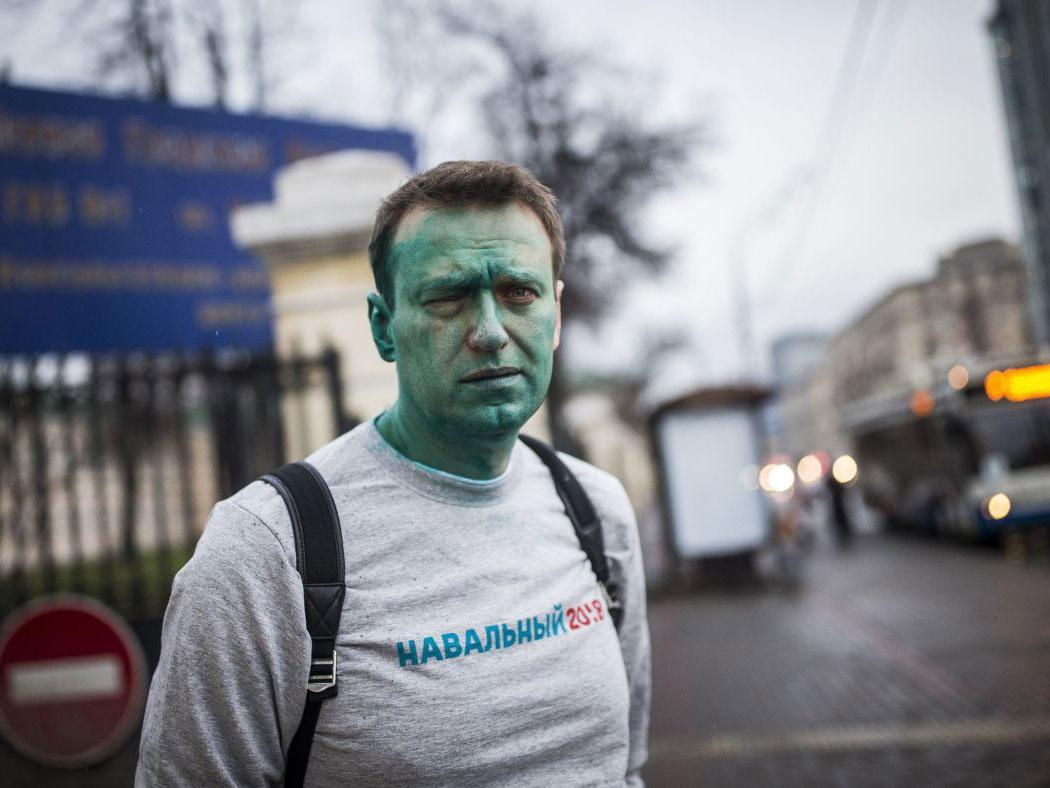Russian opposition figure Alexei Navalny was attacked by an assailant wielding a green chemical and suffered severe damage to his eye