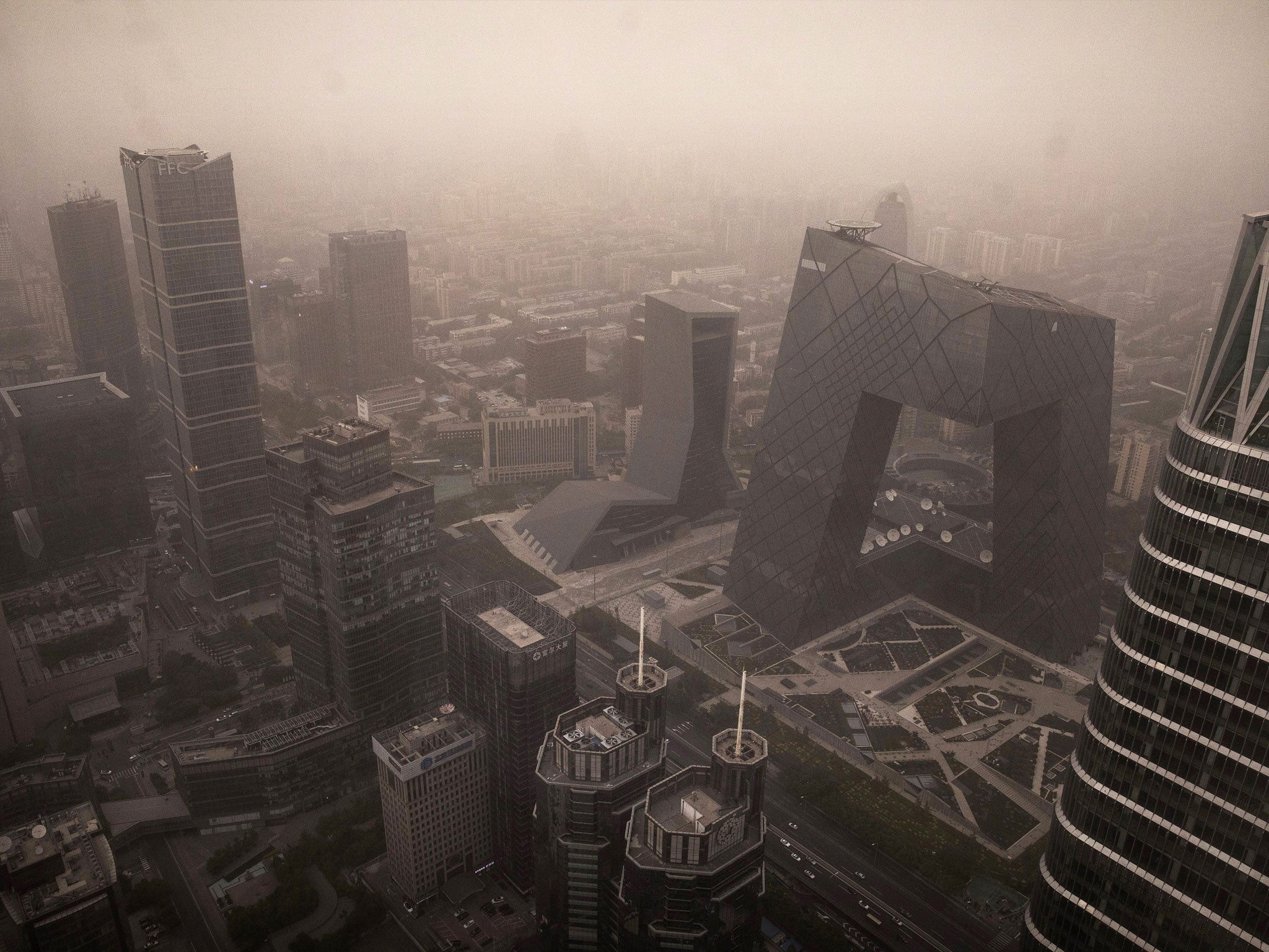 Beijing's Central Business District seen during a sandstorm