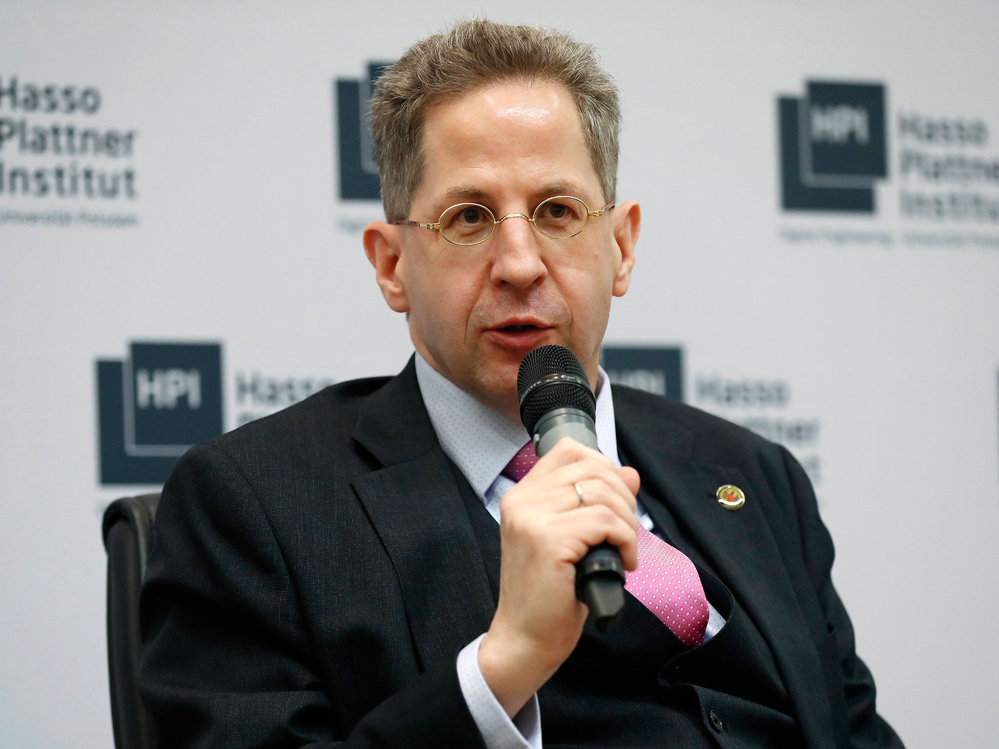 The head of Germany's domestic intelligence service, Hans-Georg Maassen, takes part in the Potsdam Conference on National Cybersecurity on 4 May