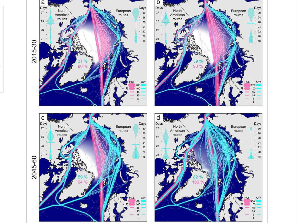 The blue lines show routes open to ordinary shipping, pink lines show ones open to ice-breakers. Maps A and B show two different climate change scenarios for 2015-30, maps C and D show the same scenarios for between 2045 and 2060