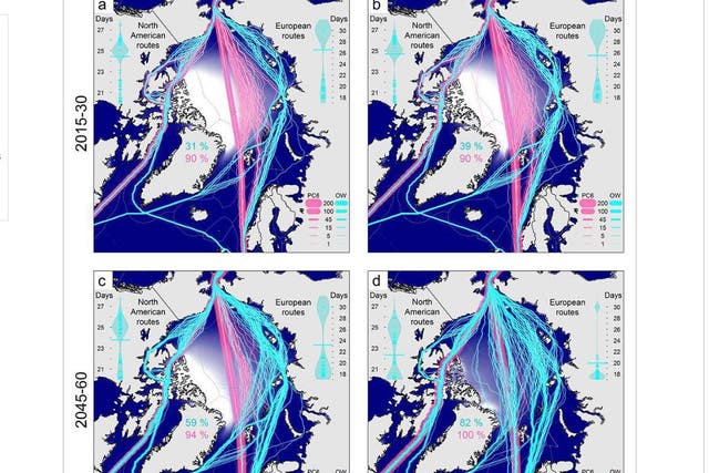 The blue lines show routes open to ordinary shipping, pink lines show ones open to ice-breakers. Maps A and B show two different climate change scenarios for 2015-30, maps C and D show the same scenarios for between 2045 and 2060