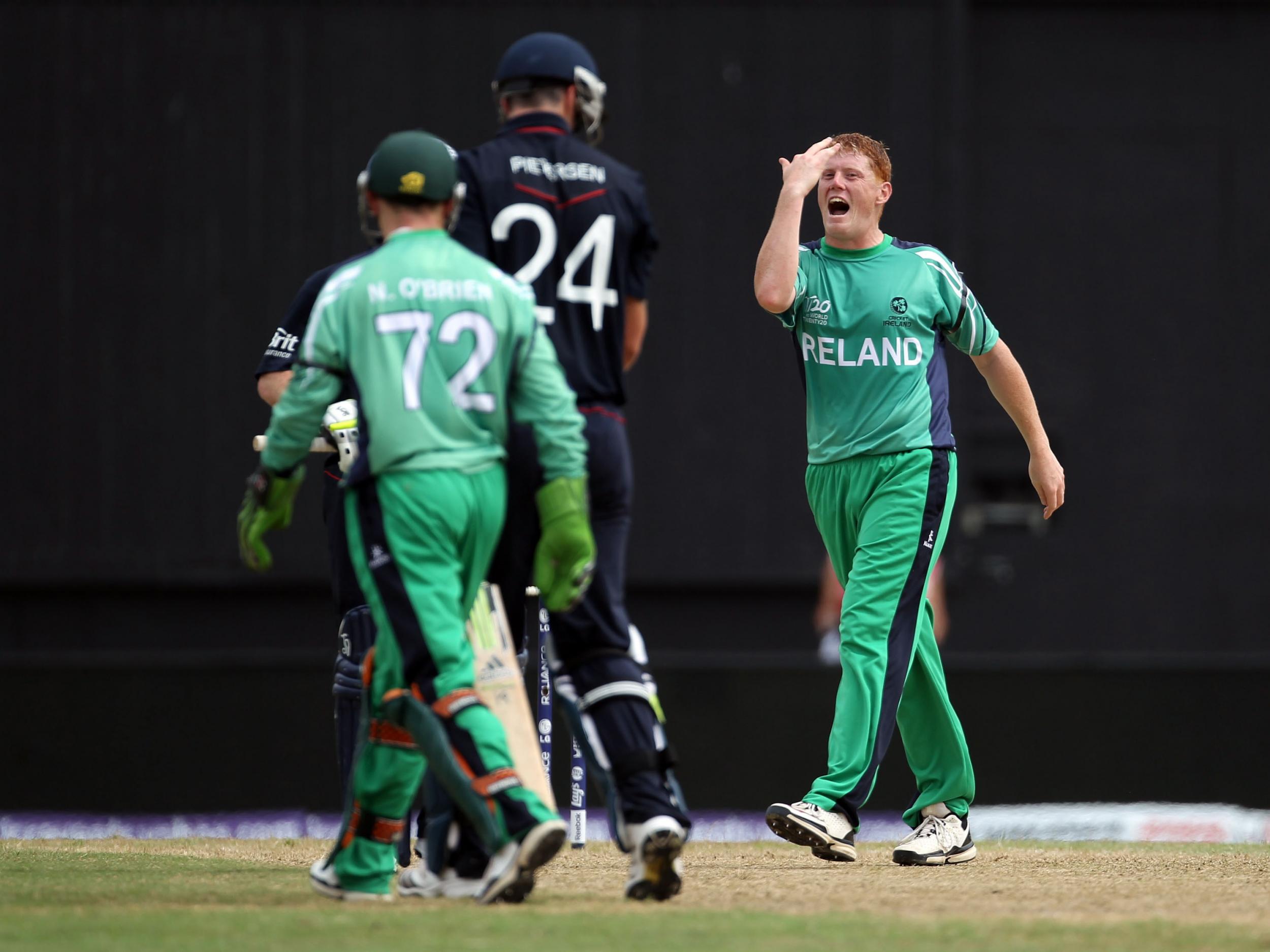 Kevin O'Brien celebrates taking Kevin Pietersen's wicket in 2010