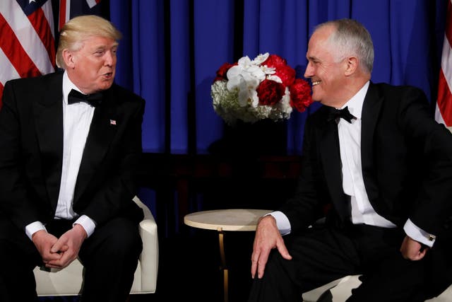 US President Donald Trump and Australia's Prime Minister Malcolm Turnbull deliver brief remarks to reporters as they meet ahead of an event commemorating the 75th anniversary of the Battle of the Coral Sea, aboard the USS Intrepid Sea, Air and Space Museum in New York