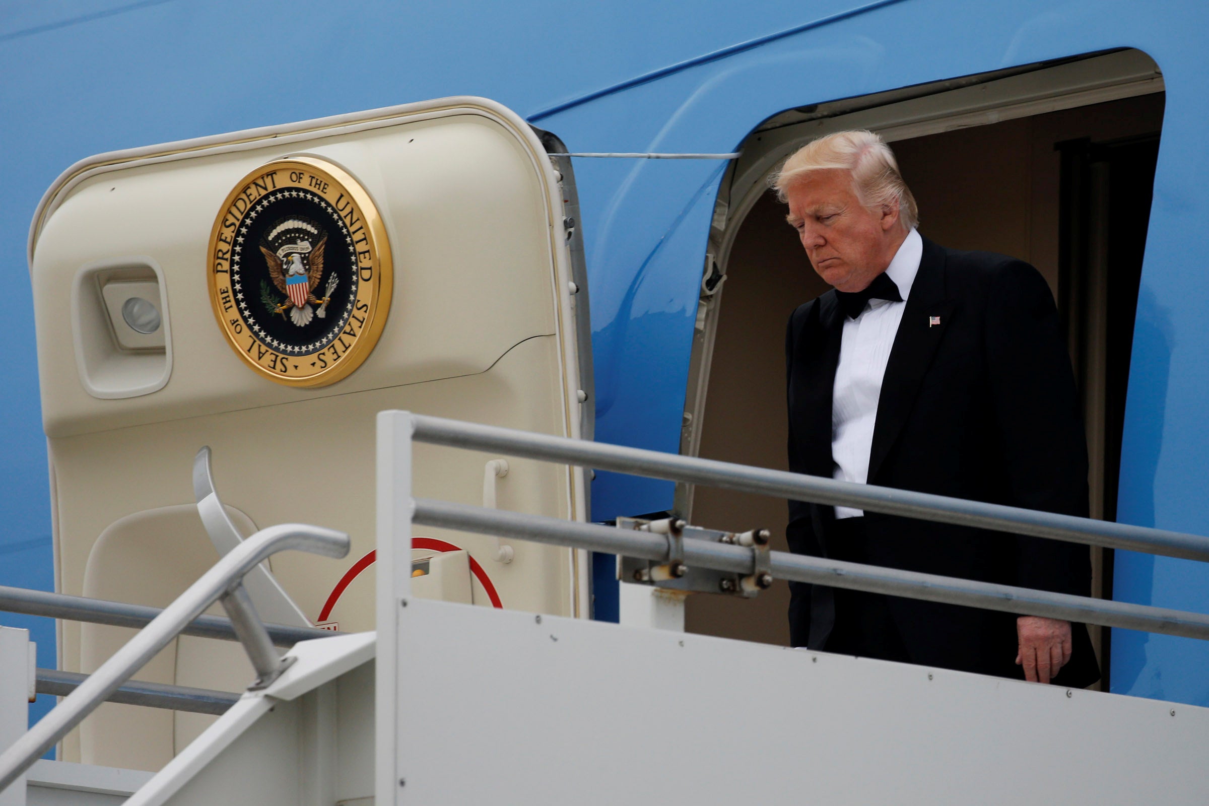 US President Donald Trump arrives aboard Air Force One at JFK International Airport in New York