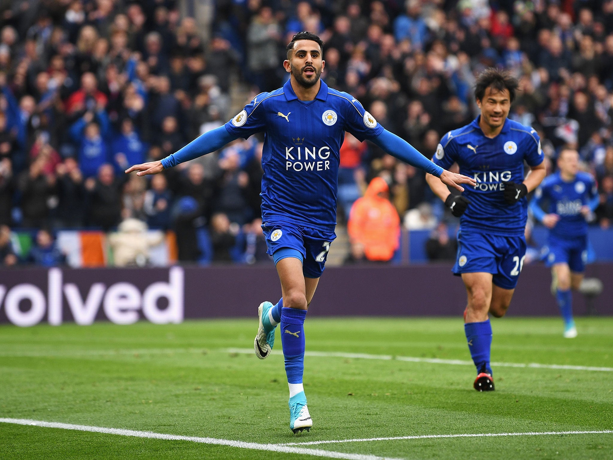 Riyad Mahrez celebrates after putting Leicester 2-0 up against Watford