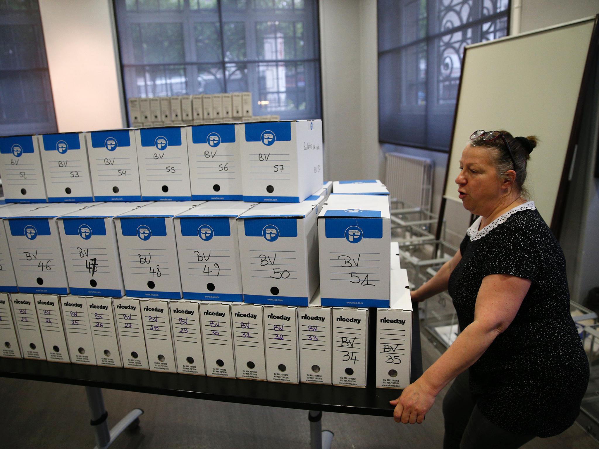 Boxes of ballot papers at the City Hall in Montreuil, outside Paris, yesterday