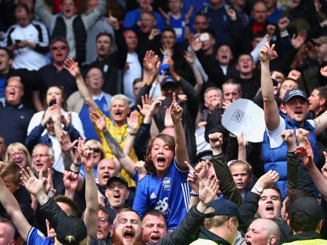 Birmingham fans celebrate their team's one-goal victory