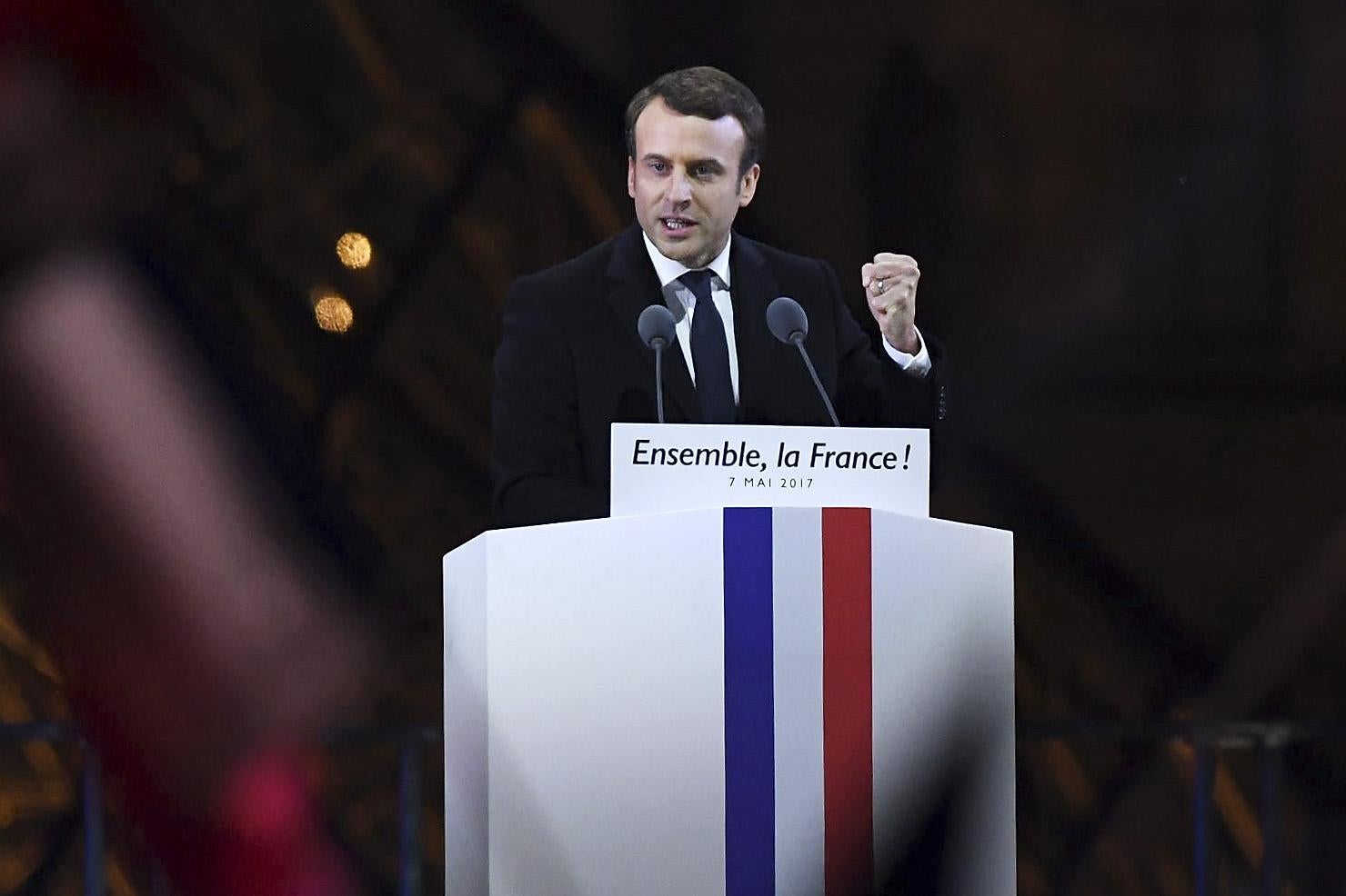 &#13;
Emmanuel Macron at his victory speech in Paris on Sunday (Getty)&#13;