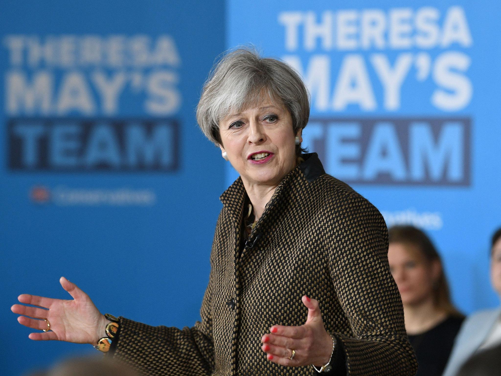 Prime Minister Theresa May at the Dhamecha Lohana Centre in Harrow, north west London, where she was meeting Conservative party General Election candidates from across London and the south east of England