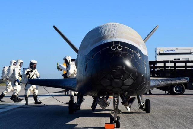 The U.S. Airforce's X-37B Orbital Test Vehicle mission 4 after landing at NASA's Kennedy Space Center Shuttle Landing Facility in Cape Canaveral, Florida