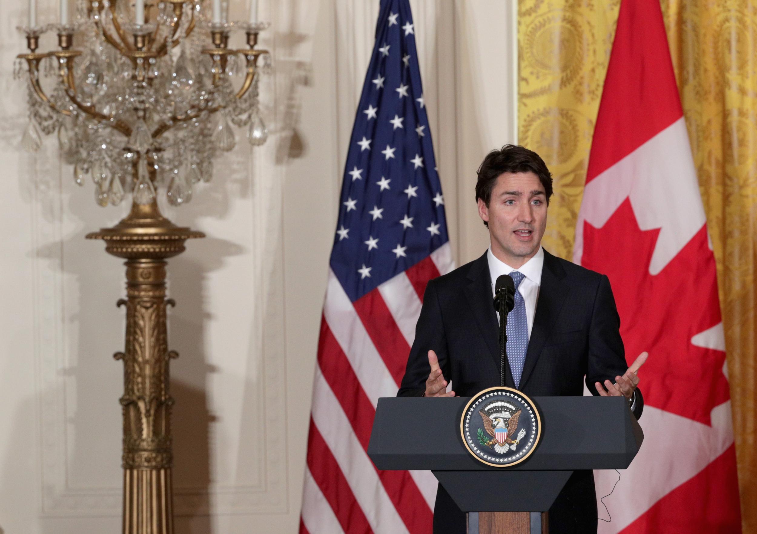 Canadian Prime Minister Justin Trudeau speaks at the White House earlier this year. Canadians have the lowest favourable rating of the US in decades