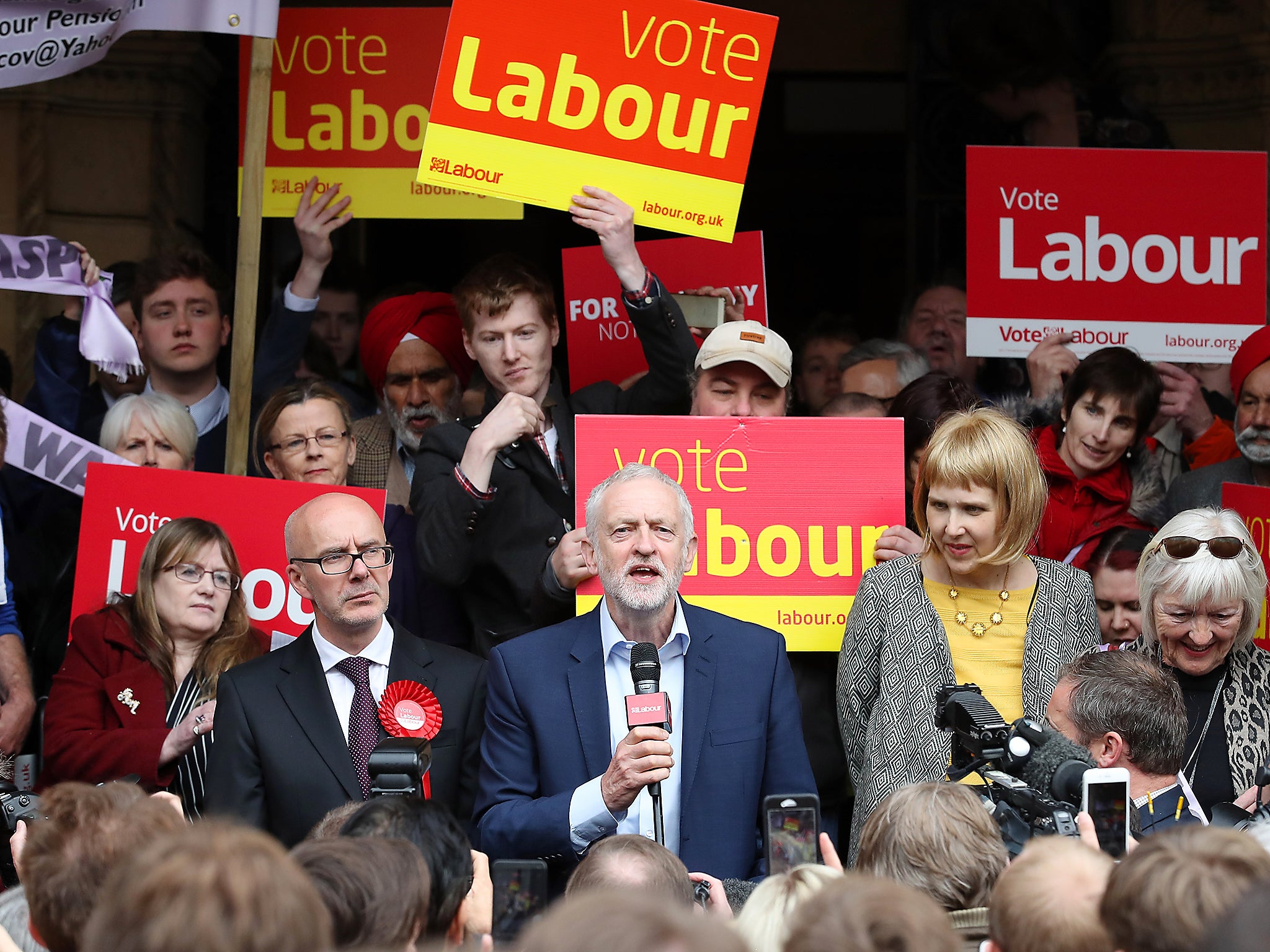 Labour party leader Jeremy Corbyn speaks outside at Leamington Spa Town Hall