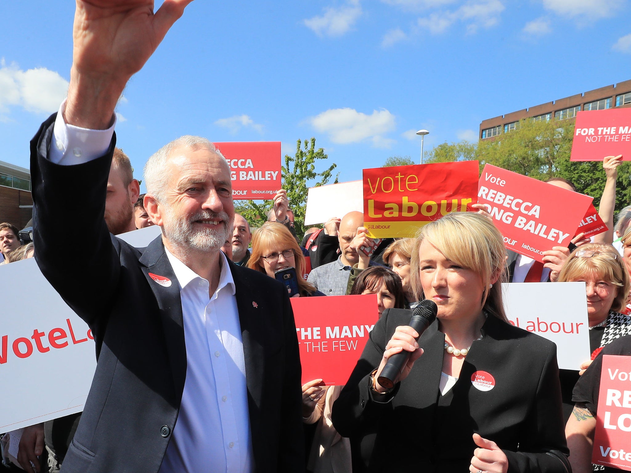 The Labour leader greets supporters in Manchester with local candidate Rebecca Long-Bailey