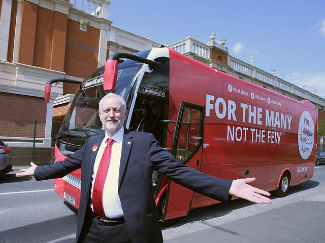 Britain's Labour Party Leader Jeremy Corbyn poses for a picture with his campaign bus in Manchester
