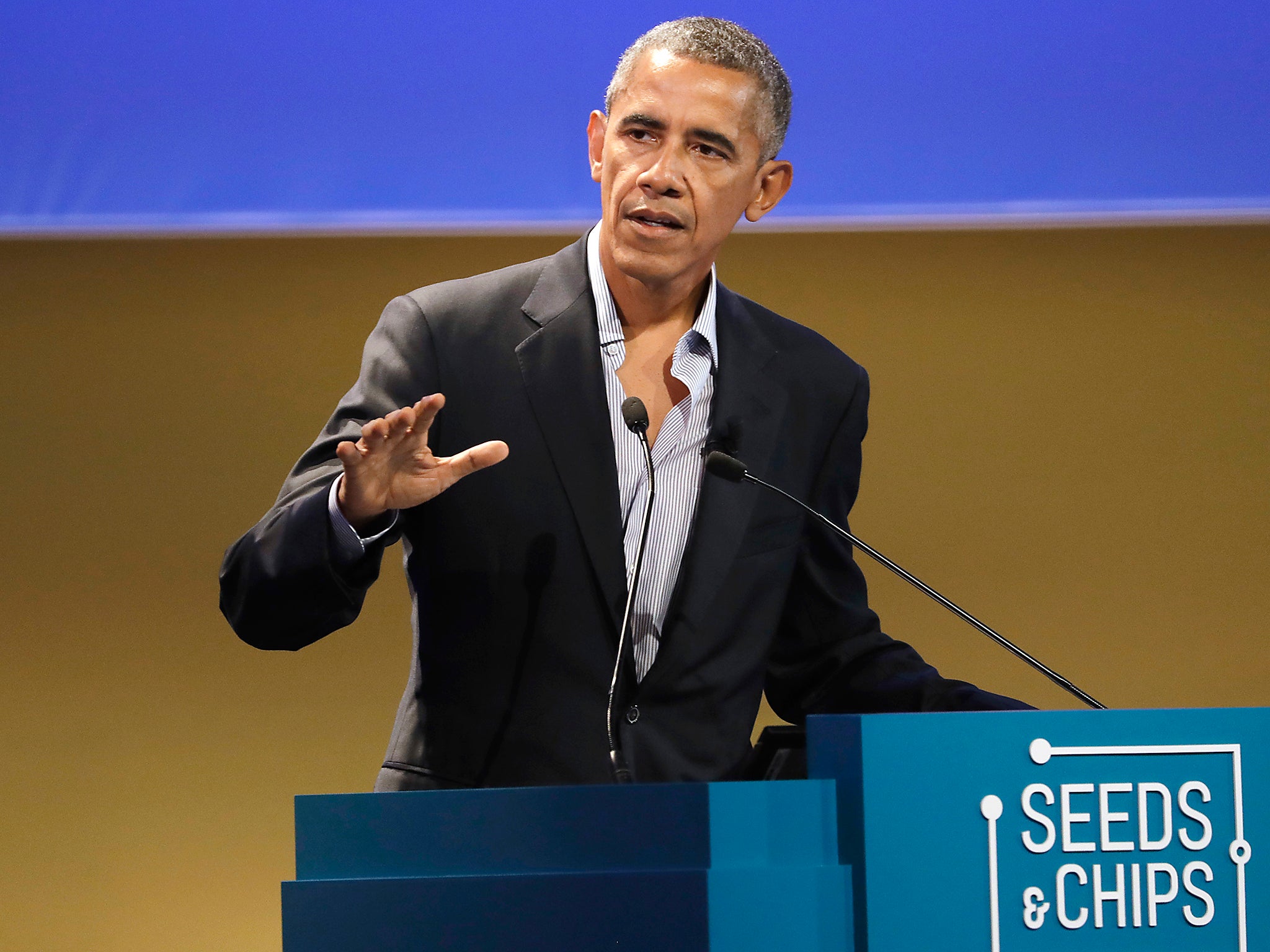 United States former President Barack Obama talks during the 'Seeds&Chips - Global Food Innovation' summit, in Milan