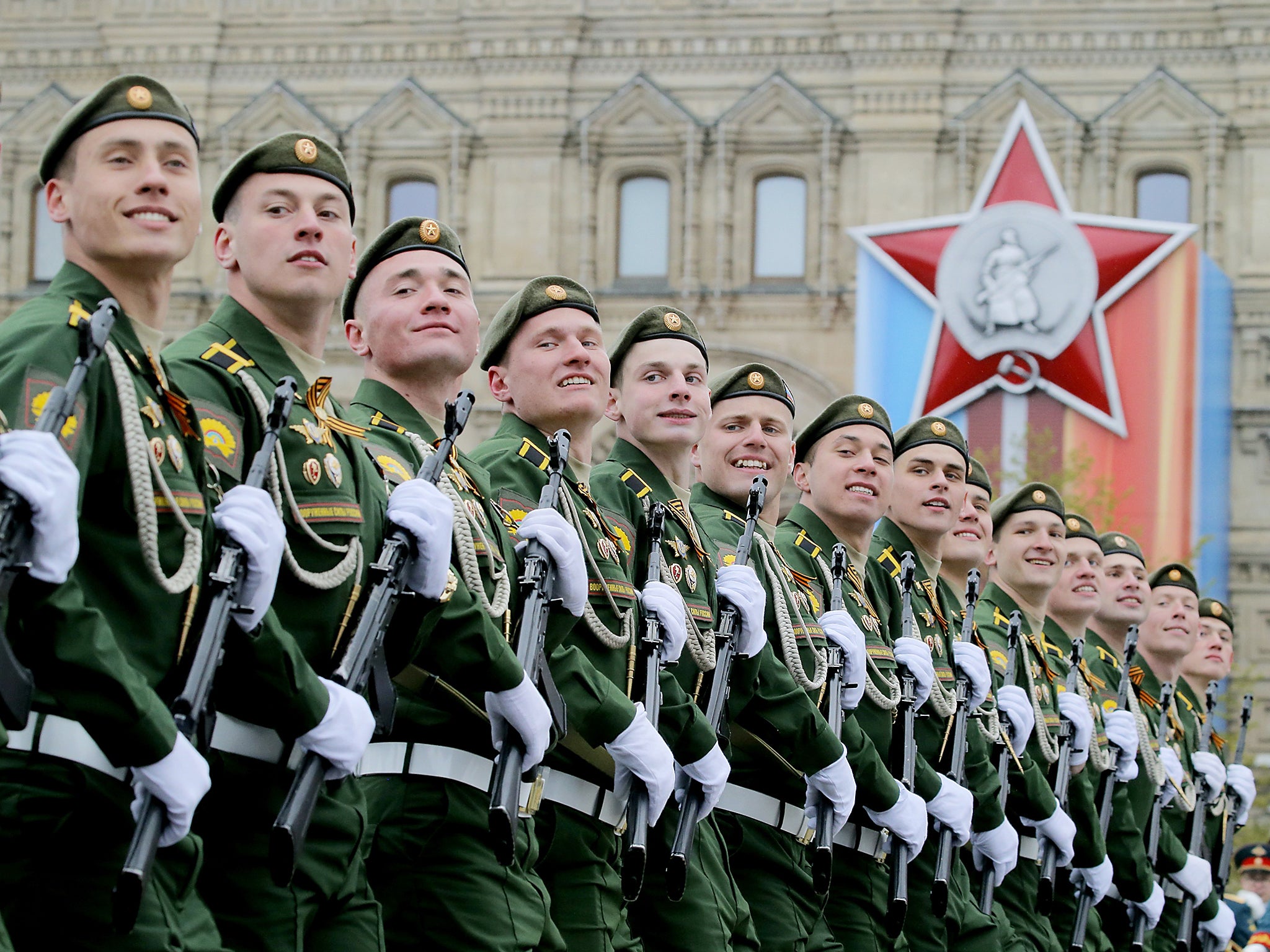 Russian servicemen march at Red Square during the Victory Day military parade in Moscow