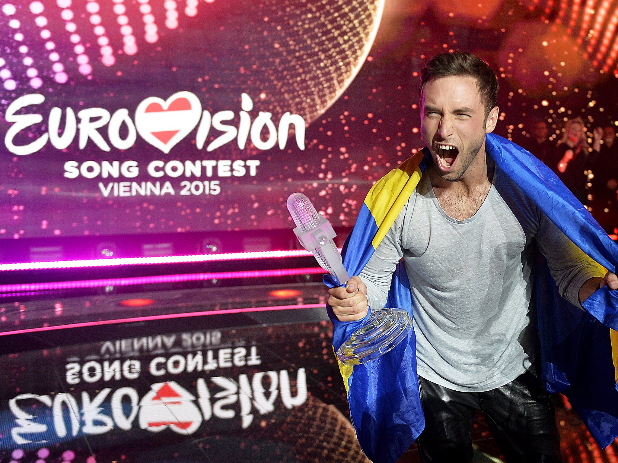 Sweden's Mans Zelmerlow reacts after winning the 2015 Eurovision Song Contest in Vienna