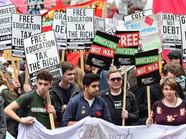 Students call for the abolition of tuition fees and an end to student debt at a protest in Westminster