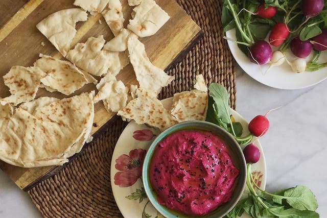 It takes minutes to make, and if pink's not your colour then simply leave out the beetroot. Serve with pitta and crunchy crudités, such as radishes
