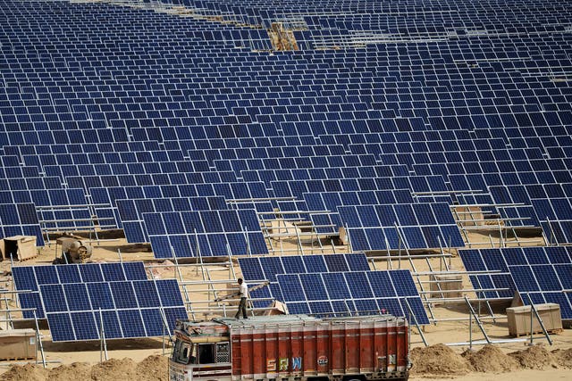 A solar panel plant under construction in the western Indian state of Rajasthan