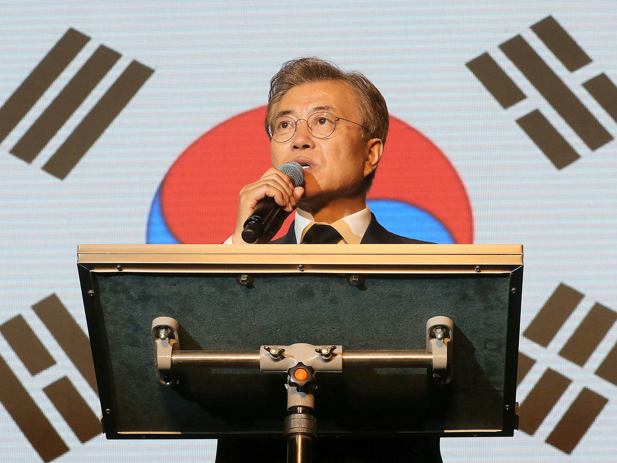 South Korea's president-elect Moon Jae-in speaks to supporters at Gwanghwamun Square in Seoul, South Korea