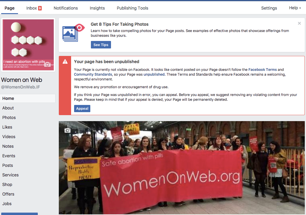 Screenshot posted by Women on Wave showing the removal of Women on Waves' Facebook page