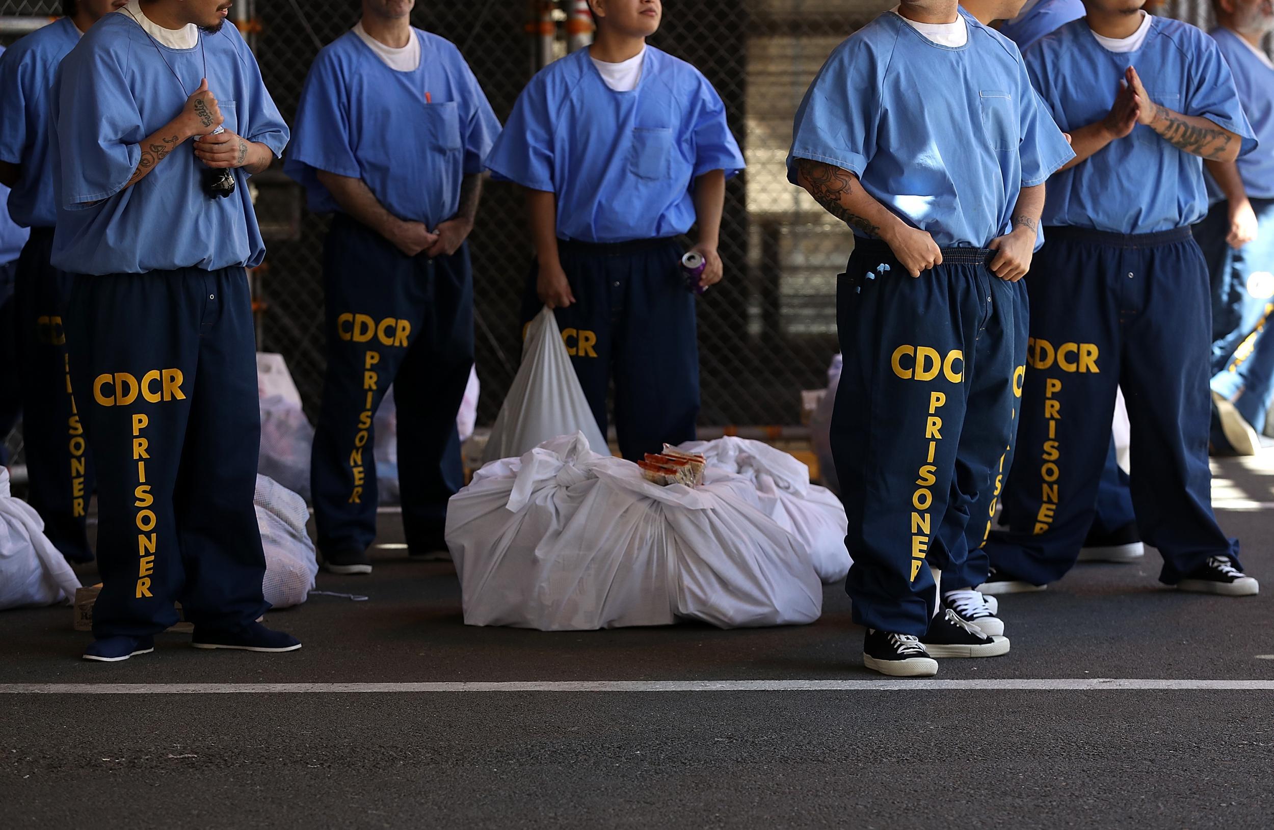 Prisoners stand in San Quentin Prison in San Francisco, California