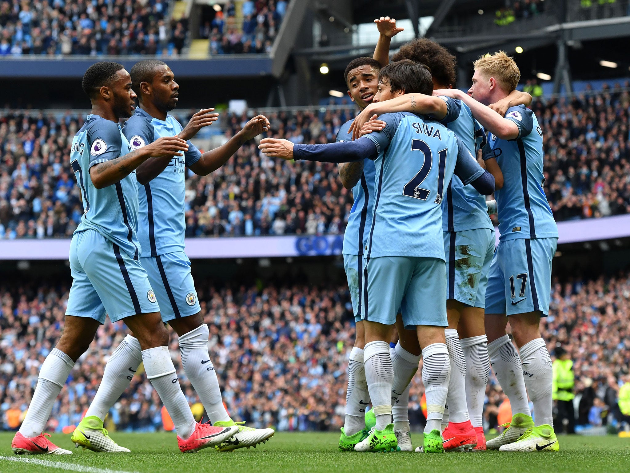 Manchester City's players congratulate Gabriel Jesus on his goal