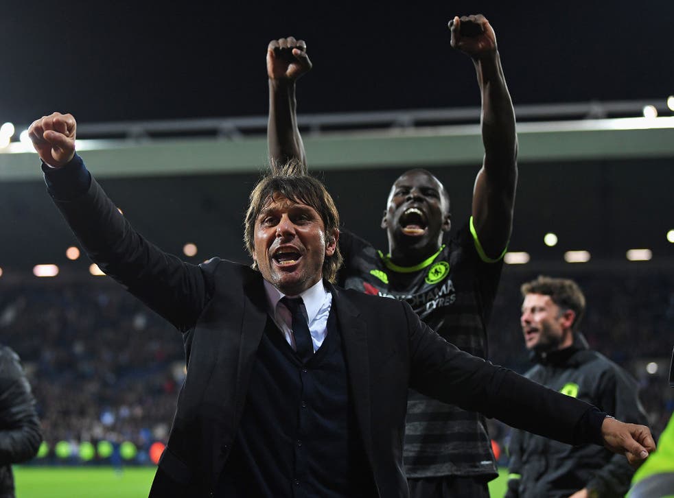 Antonio Conte celebrates after securing the title with Chelsea