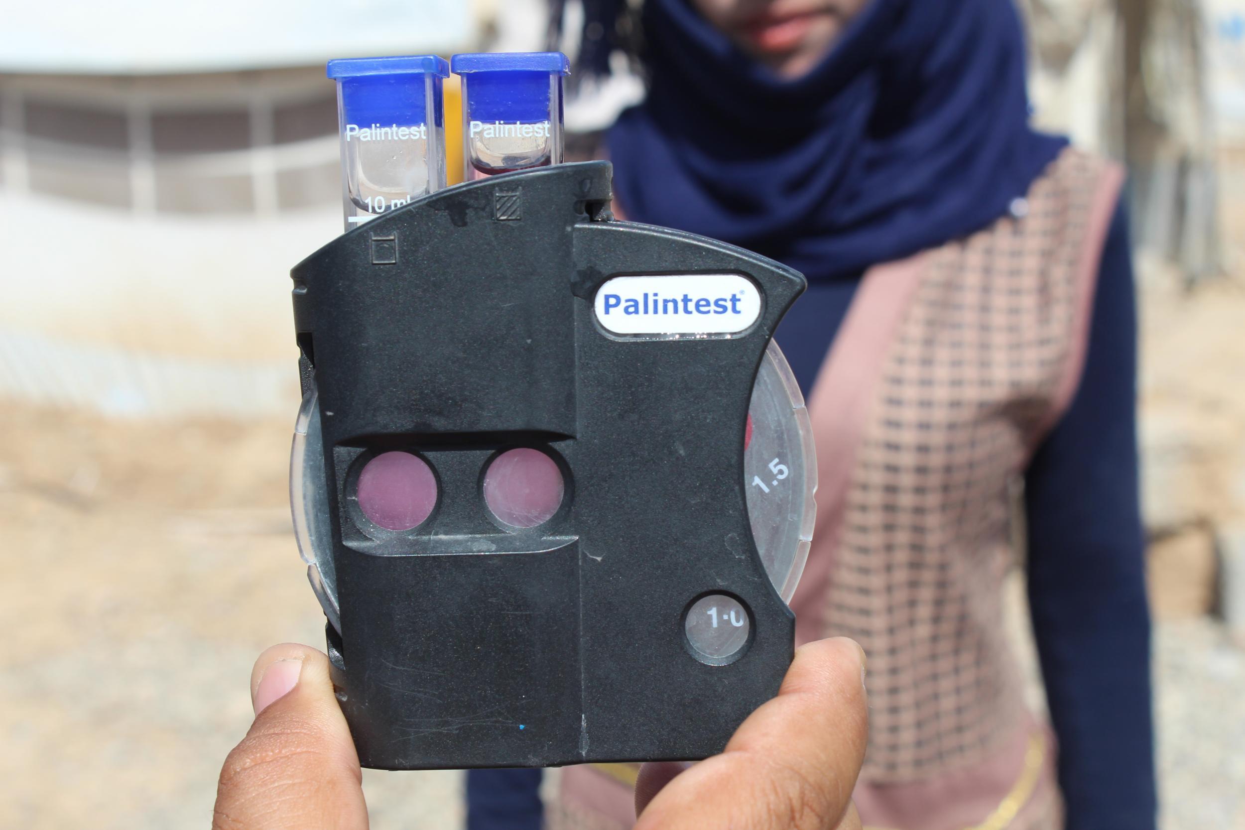 A testing kit used by NGO Wash (Water, hygience and sanitation) teams in which samples turn purple to double check whether treated water is safe to drink