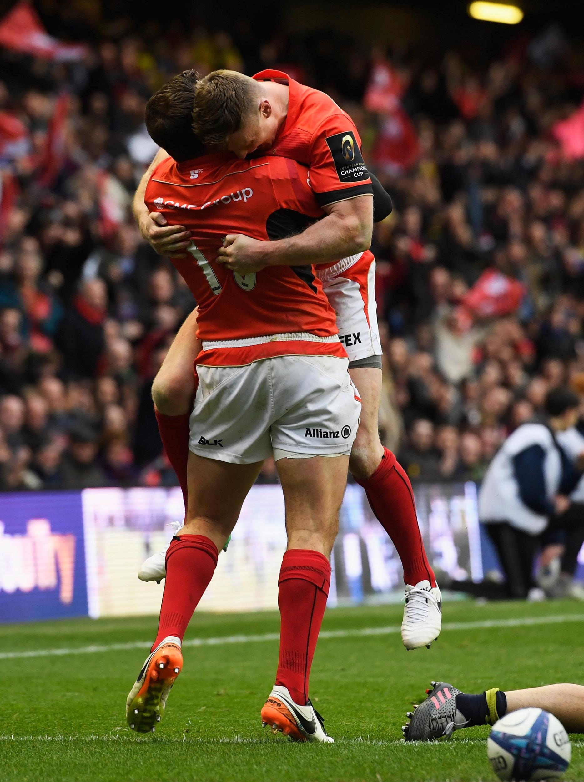 Goode and Ashton celebrate after the final whistle