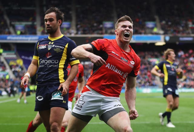 Chris Ashton celebrates after breaking the European try scoring record in Saracens' victory over Clermont