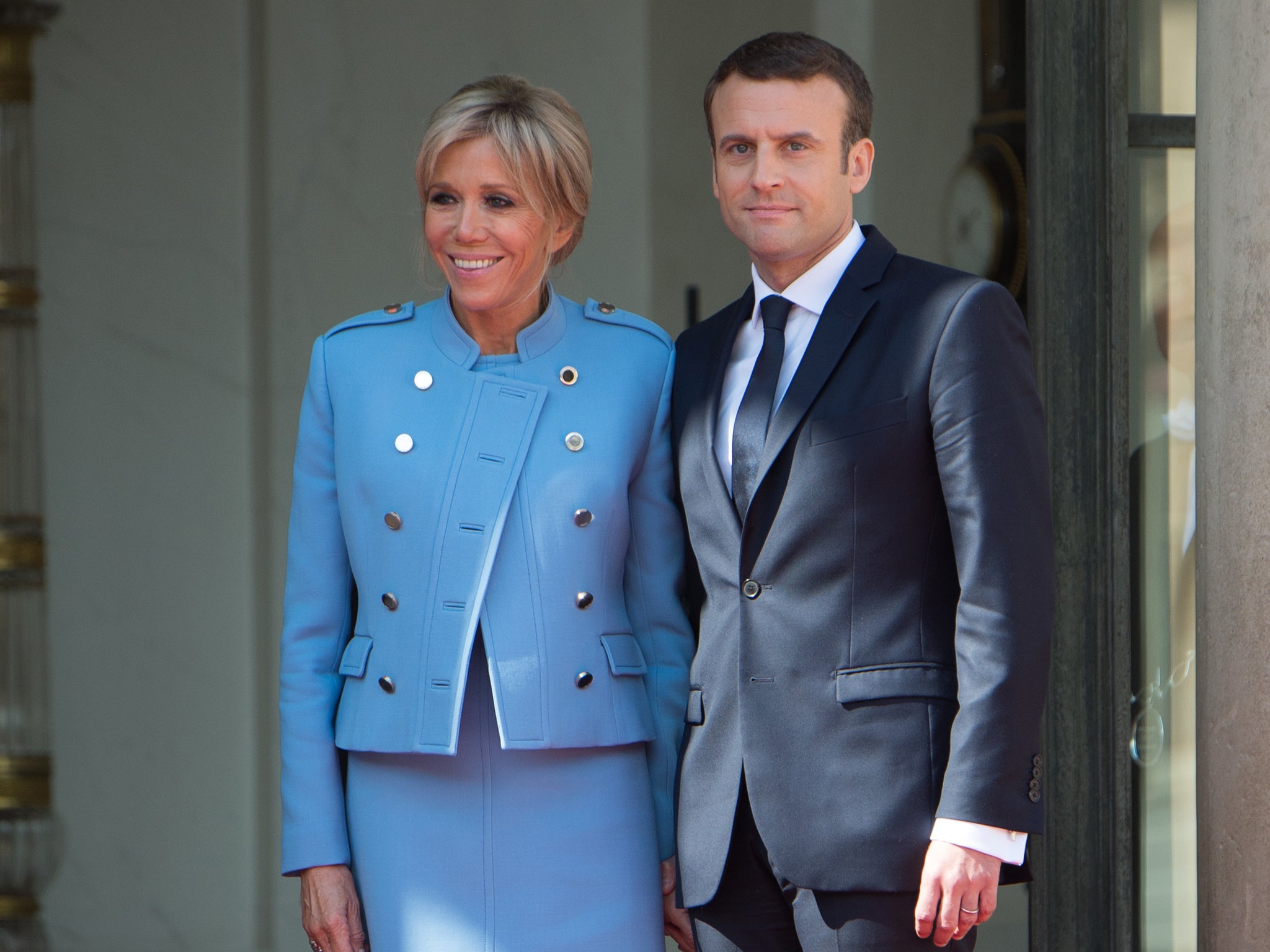 Side by side: Emmanuel and Brigitte Macron at the French President’s inauguration at the Elysee Palace on Sunday morning
