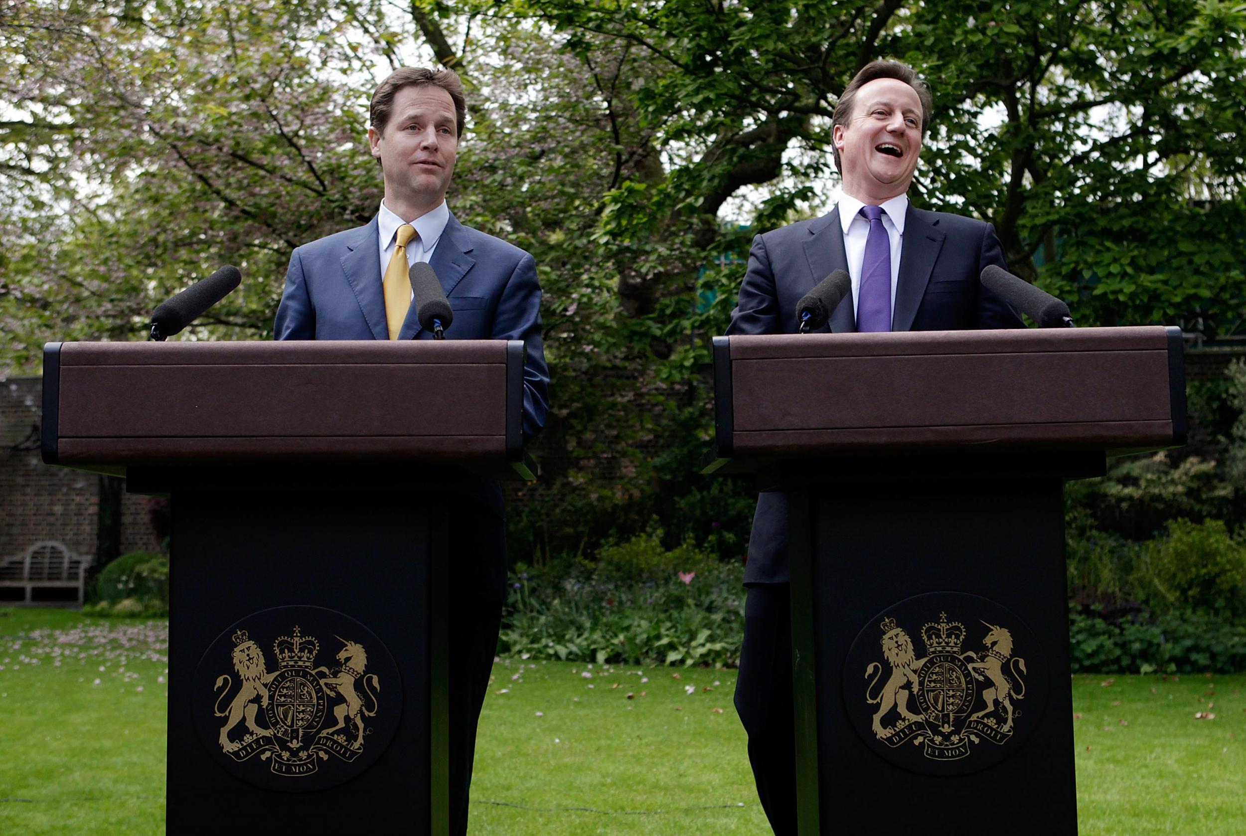 Nick Clegg and David Cameron's first appearance together in coalition in May 2010